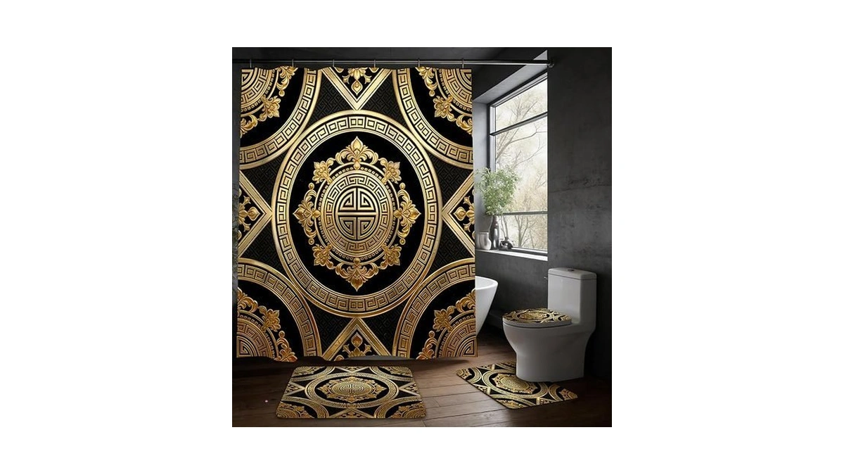 Yizheer Luxury 4pcs Black & Gold Shower Curtain Set, Damascus