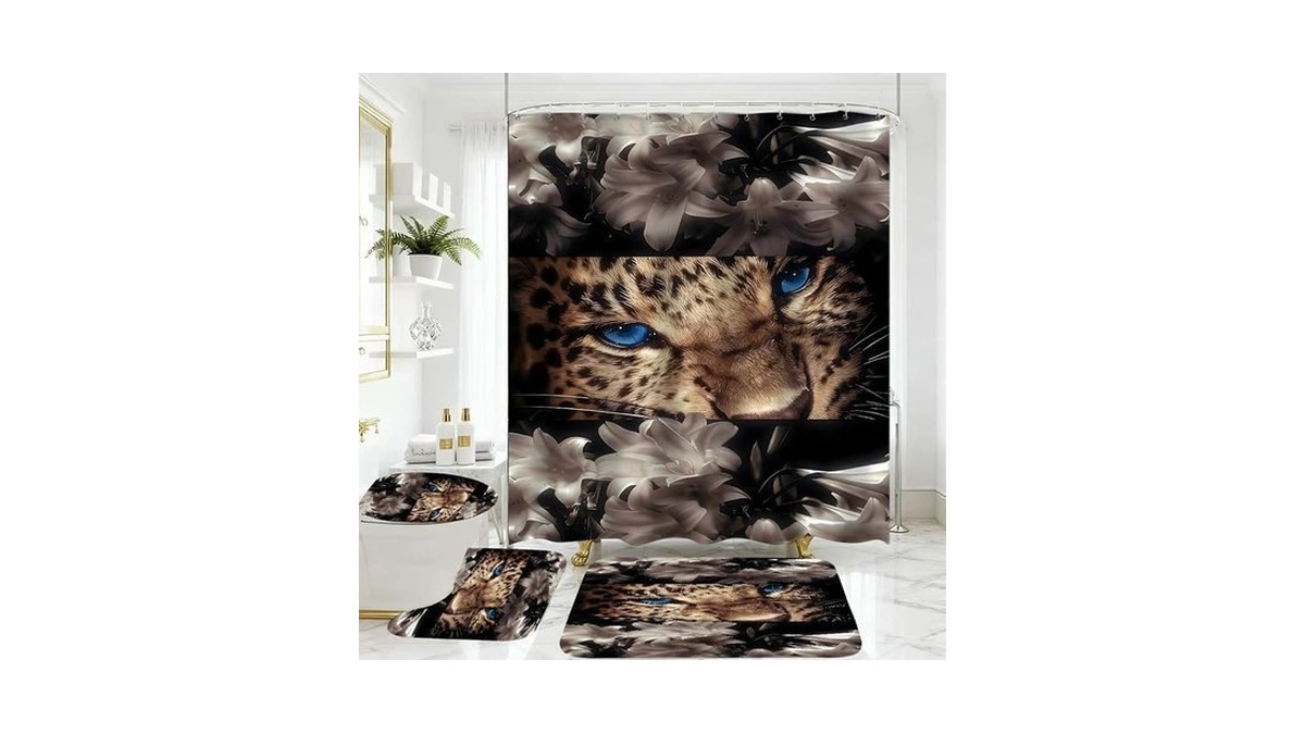 4 Piece Brown Shower Curtain Set With Rugs, Majestic Blue