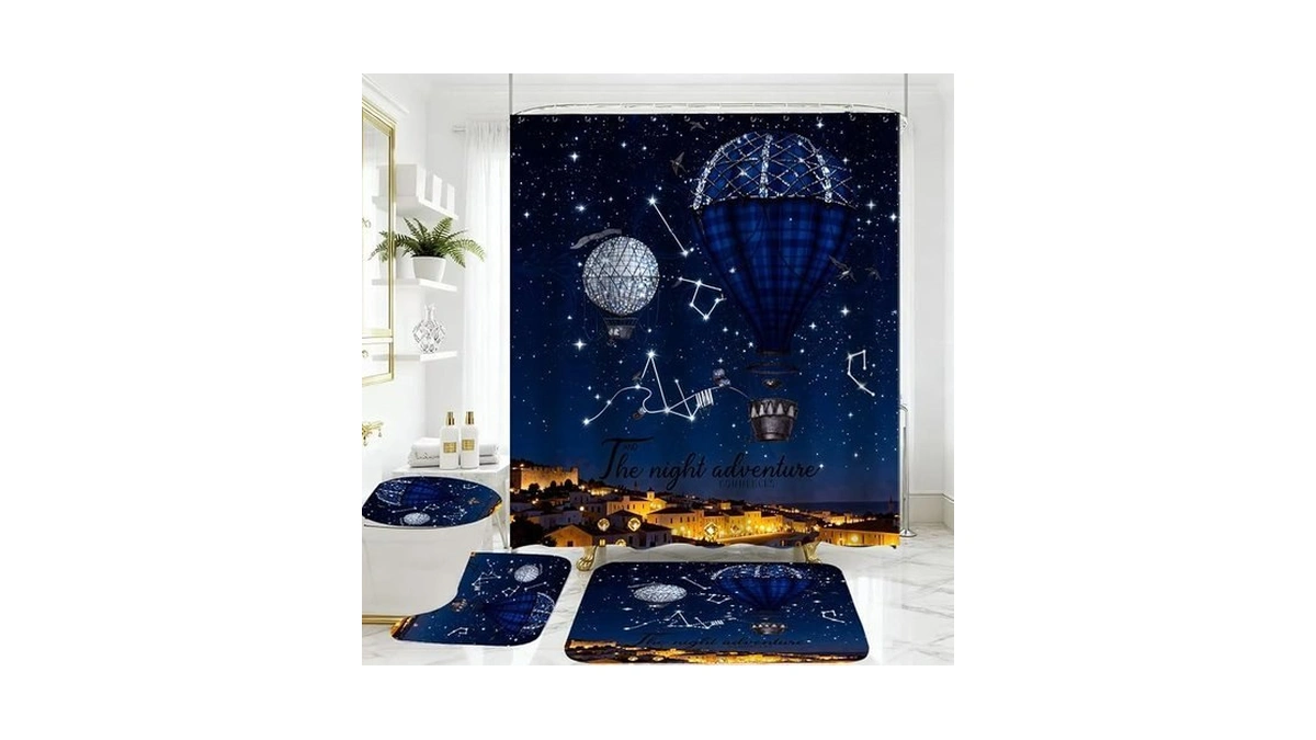 4 Piece Starry Night Shower Curtain Set With Rugs, Blue