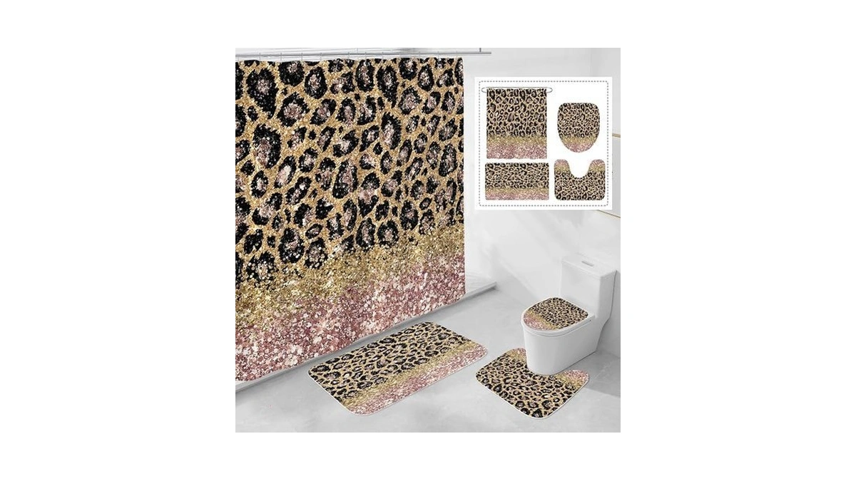 Litabel 4 Pcs Rosegold Leopard Print Shower Curtain Set With