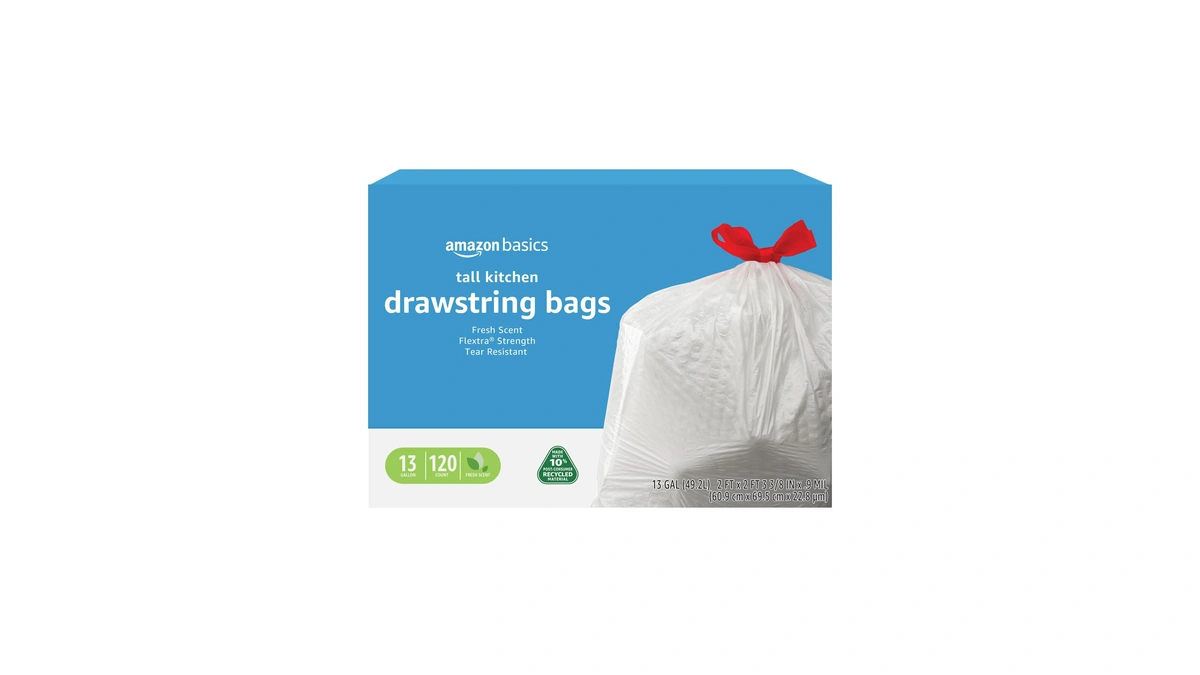 Amazon Basics 13 Gallon Tall Kitchen Drawstring Trash Bags, Flextra