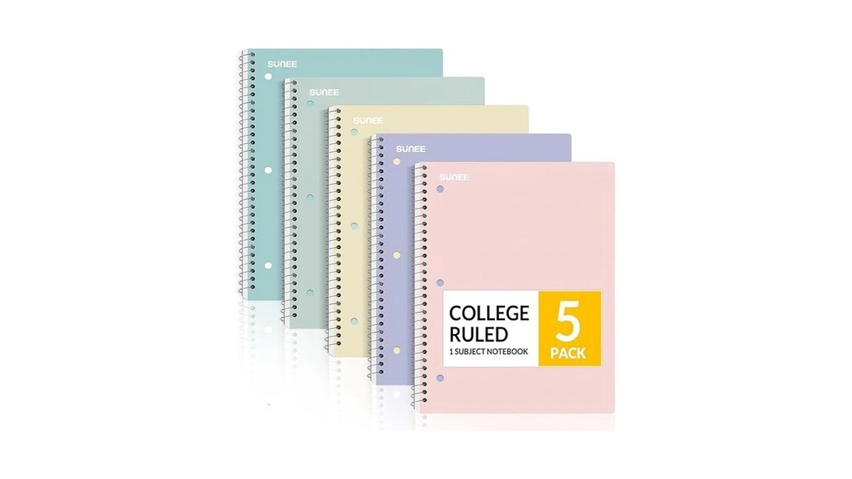 Sunee Spiral Notebooks, 1-subject, 5 Pack, College Ruled Paper, 8"