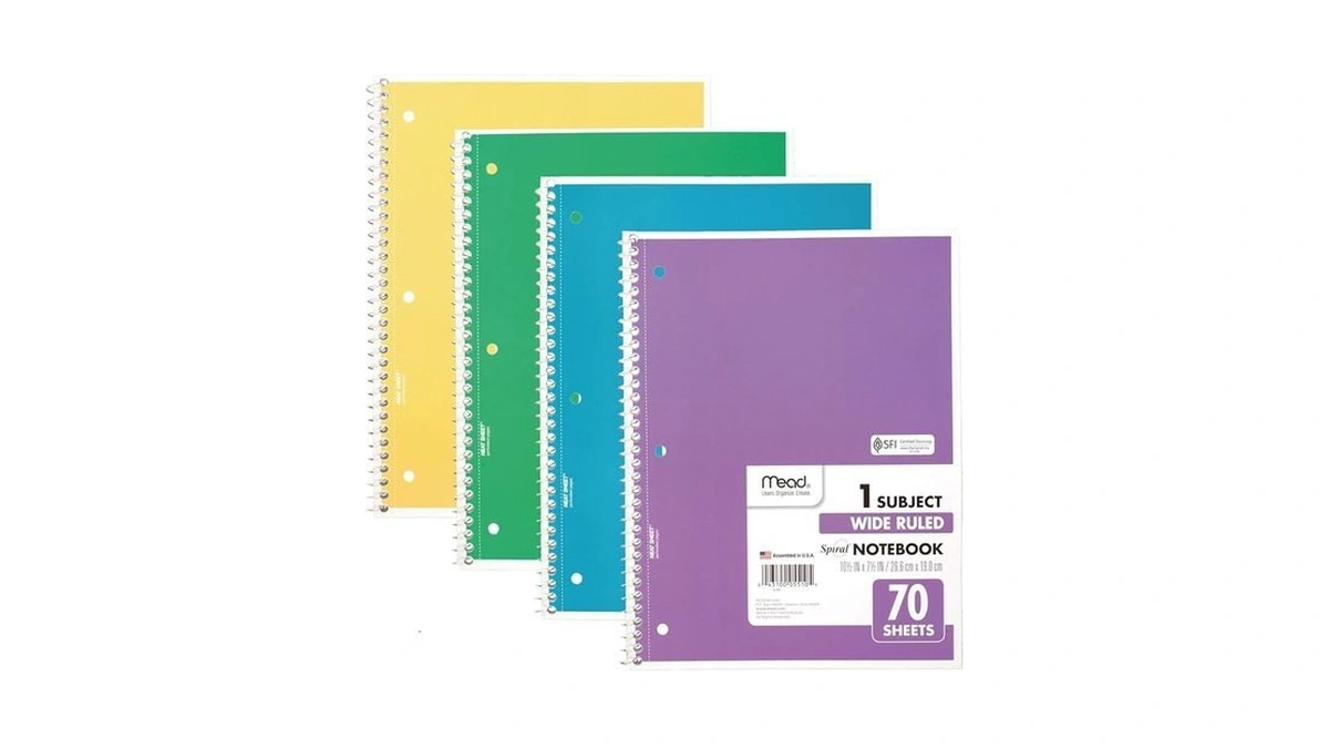 Mead Spiral Notebook, 4 Pack, 1 Subject, Wide Ruled Paper,