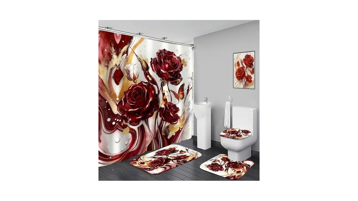 Red Marble Rose Shower Curtain Set,luxury Modern Abstract Floral Bathroom