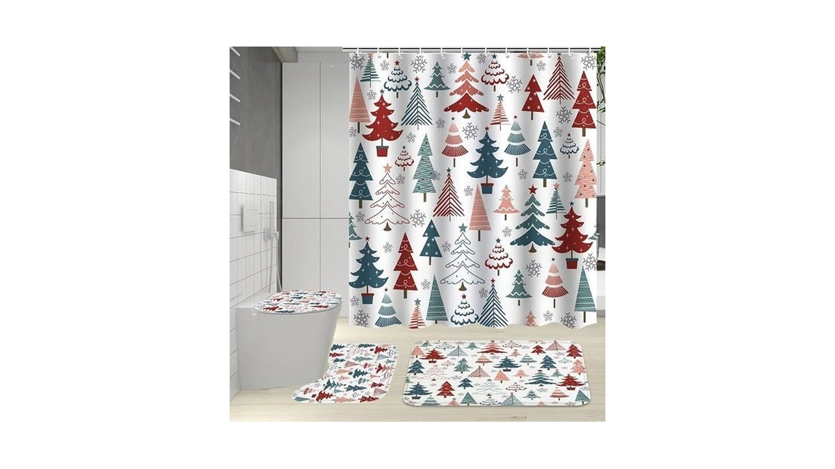 4pcs Merry Christmas Shower Curtain Sets With Non-slip Rugs, Christmas