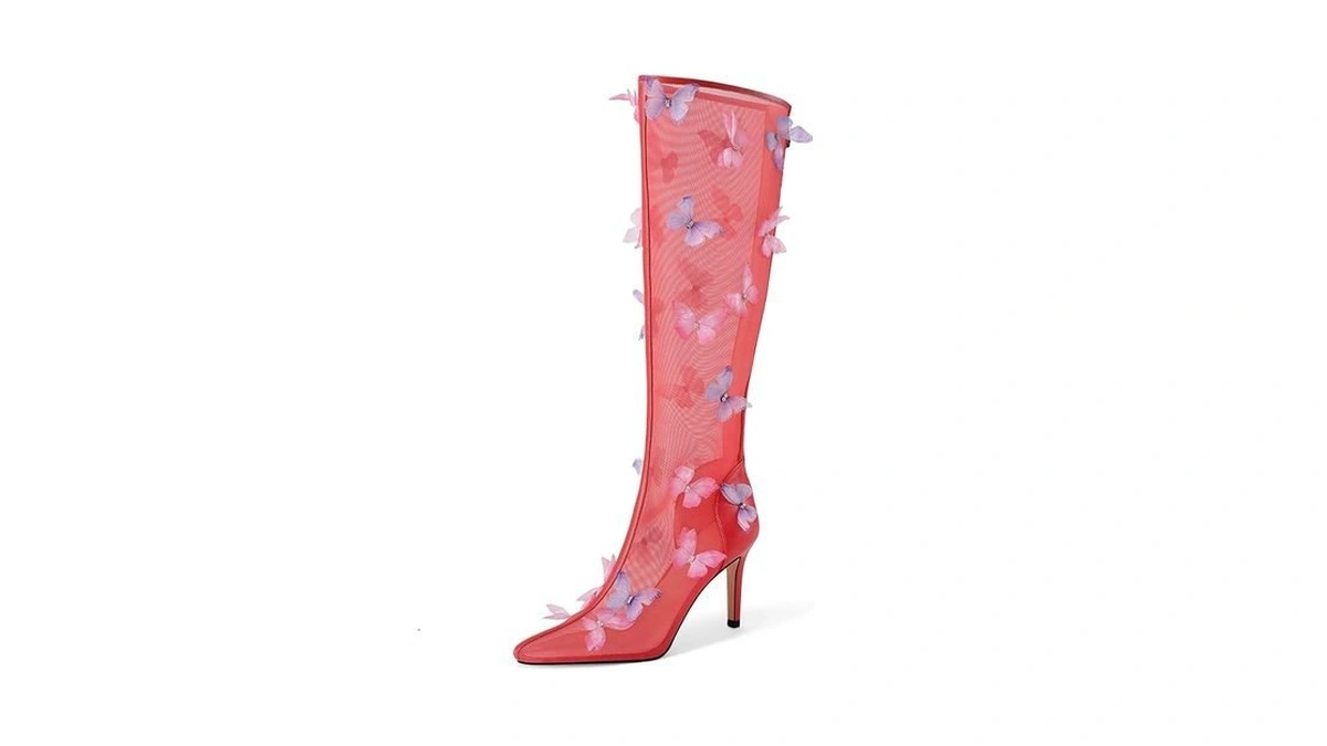 Ujpfeo Women's Clear Knee High Boots Butterfly Pointed Toe Stiletto