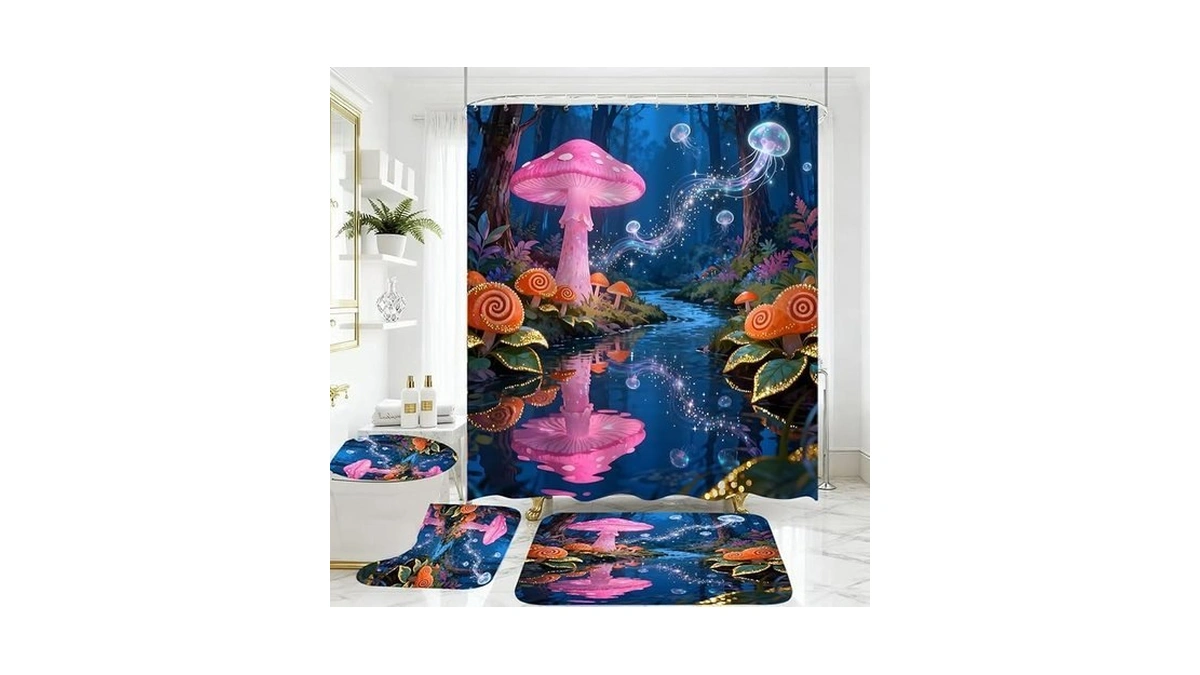 Jieprom 4 Piece Blue And Pink Shower Curtain Set With
