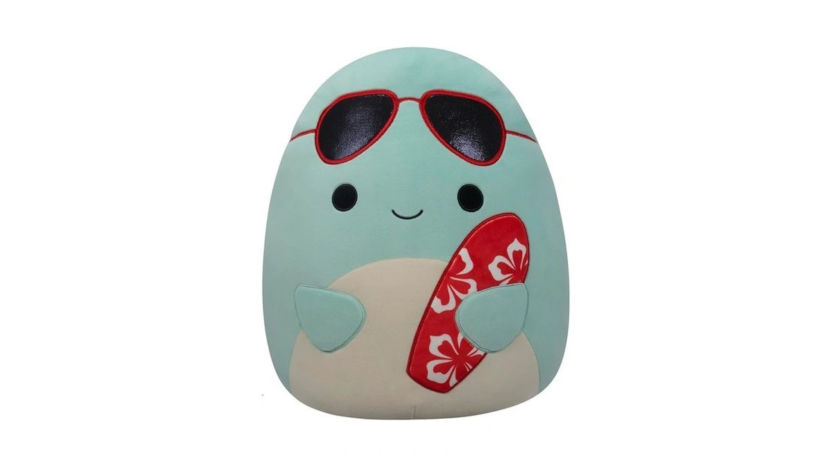 Squishmallows Original 14-inch Perry Teal Dolphin With Red Surfboard -