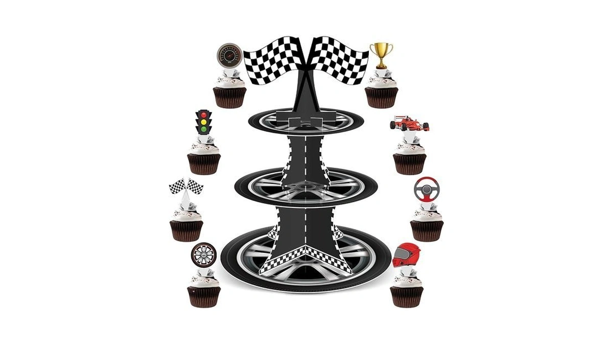 3 Tier Race Car Cupcake Stand With 24 Cake Toppers