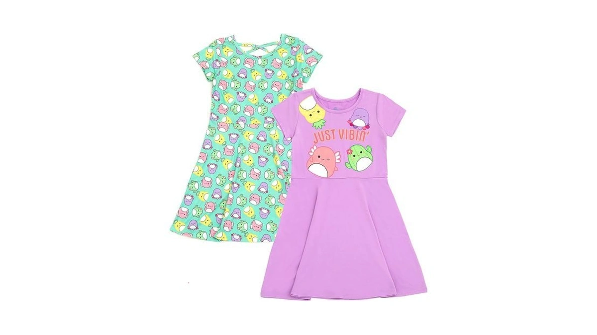 Squishmallows Little Girls 2 Pack Skater Dresses Green/lavender 6