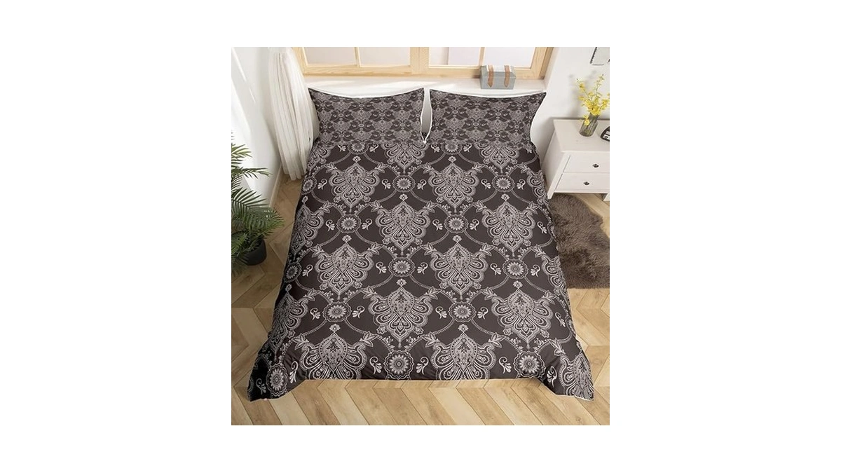Feelyou Adults Grey Vintage Damask Floral Bedding Set Antique Drawing