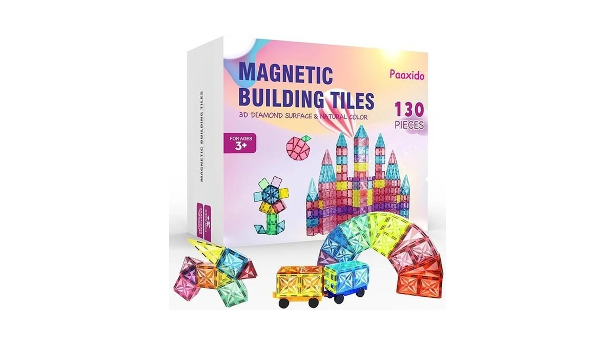 Paaxido Magnetic Tiles, 130pcs Magnetic Blocks Set With 2 Cars,