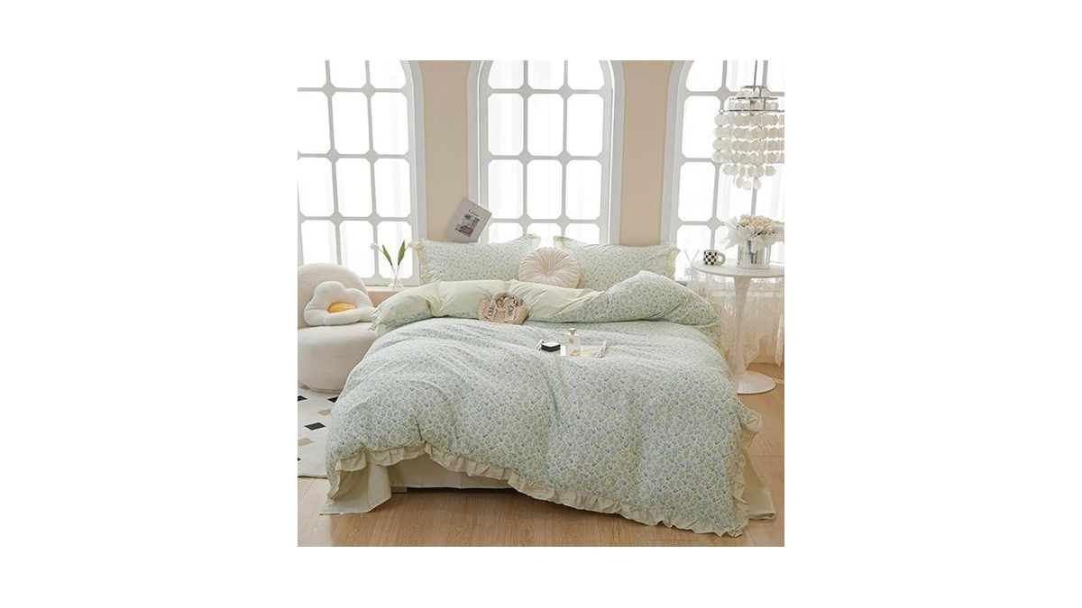 Vm Vougemarket Green Stripes Lace Comforter Set Full Reversible Ruffle