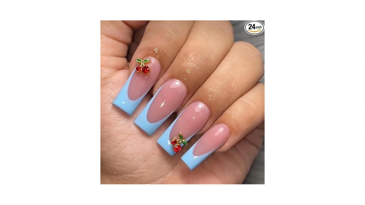 3d Cherry Press On Nails Medium Square Fake Nail With