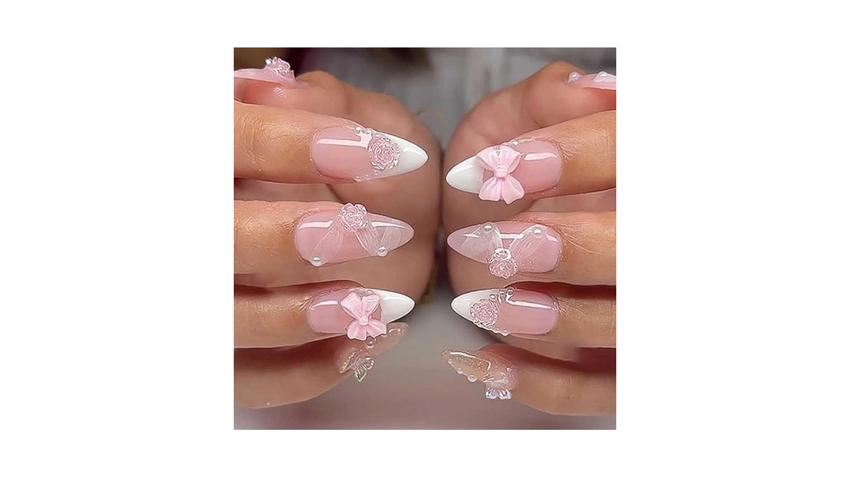 Foccna French Press On Nails Pink Medium, 3d Flower Fake