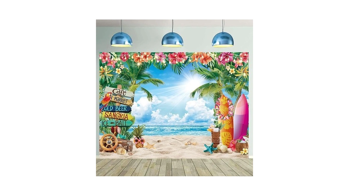 Summer Beach Backdrop 7x5ft Tropical Palm Leaves Surfboard Flower Hawaiian