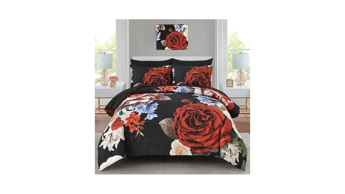 Drucon Queen Comforter Set - 7 Pieces Floral Black Soft