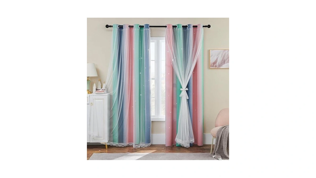 Xidi Pink Grey Curtains For Girls Bedroom, Unicorn Wall Decals