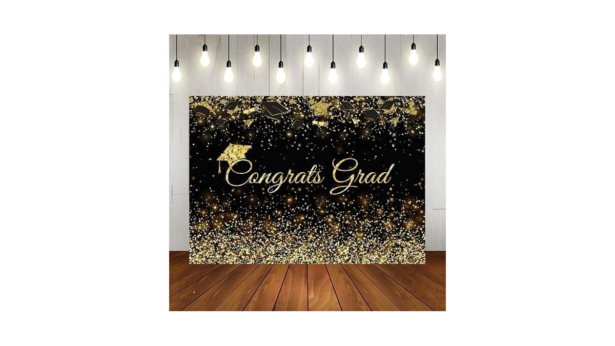 Lofaris Class Of 2026 Congrats Grad Black Golden Glitter Backdrop