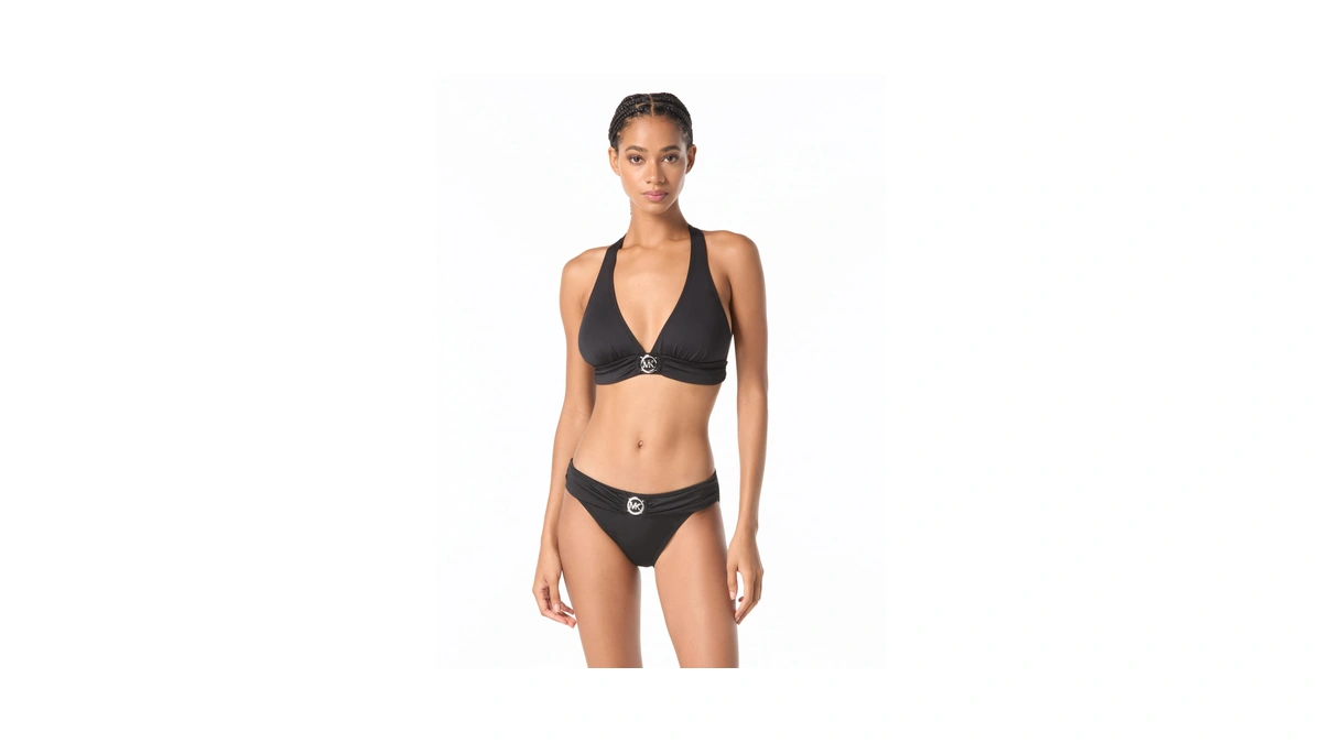 Michael Kors Swimwear Women's Solid Logo Ring Halter Top, Black,