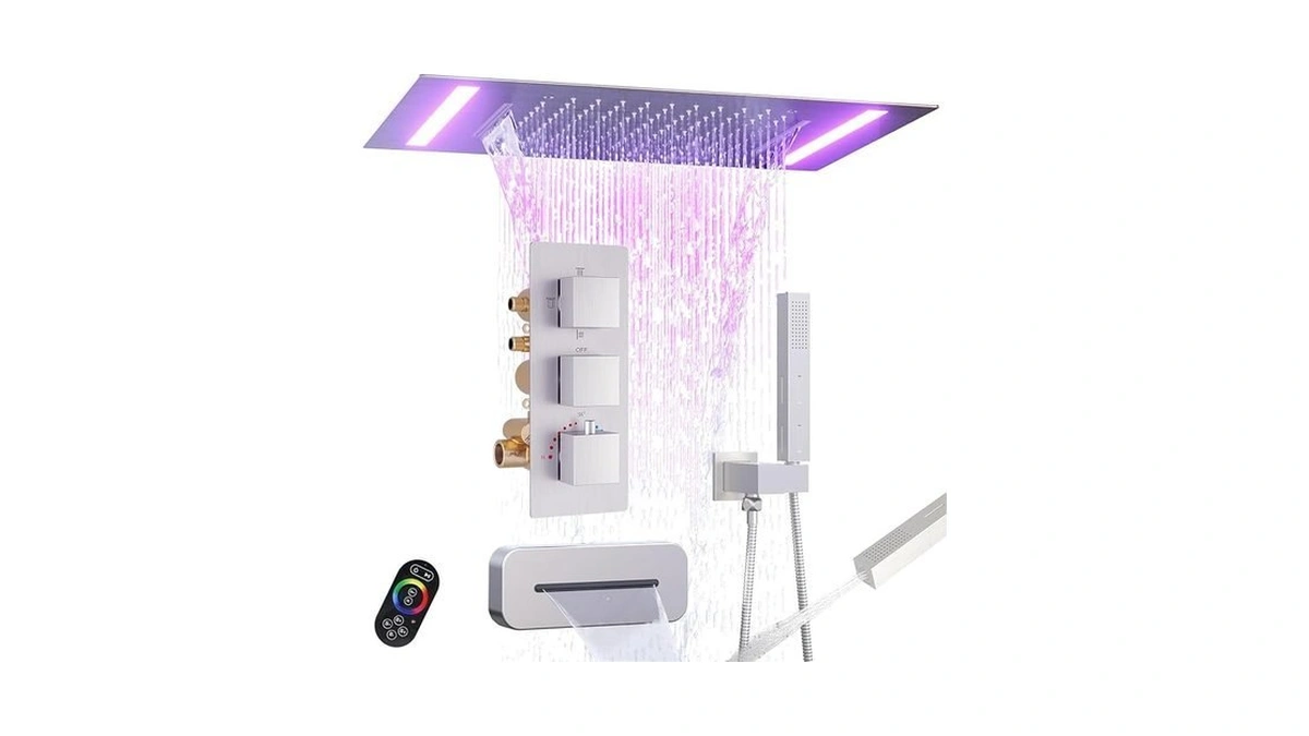 Brushed Nickel Thermostatic Shower Faucets Set, 4-way Shower System 14x20inch