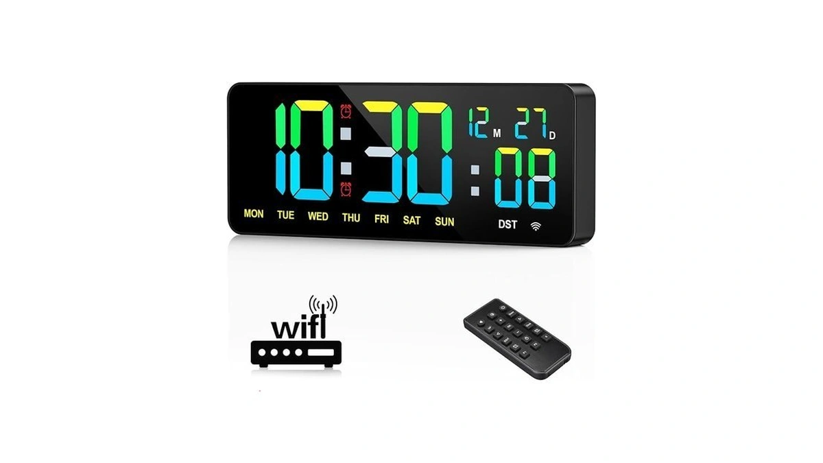 Tempospark 12" Large Digital Wall Clock Wifi Sync For Bedroom,