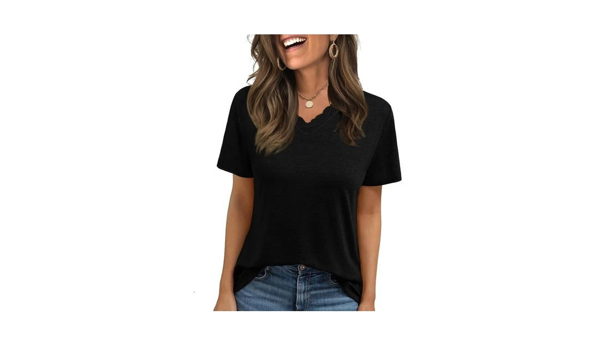 Womens Tops Short Sleeve T Shirts V Neck Lace Tops