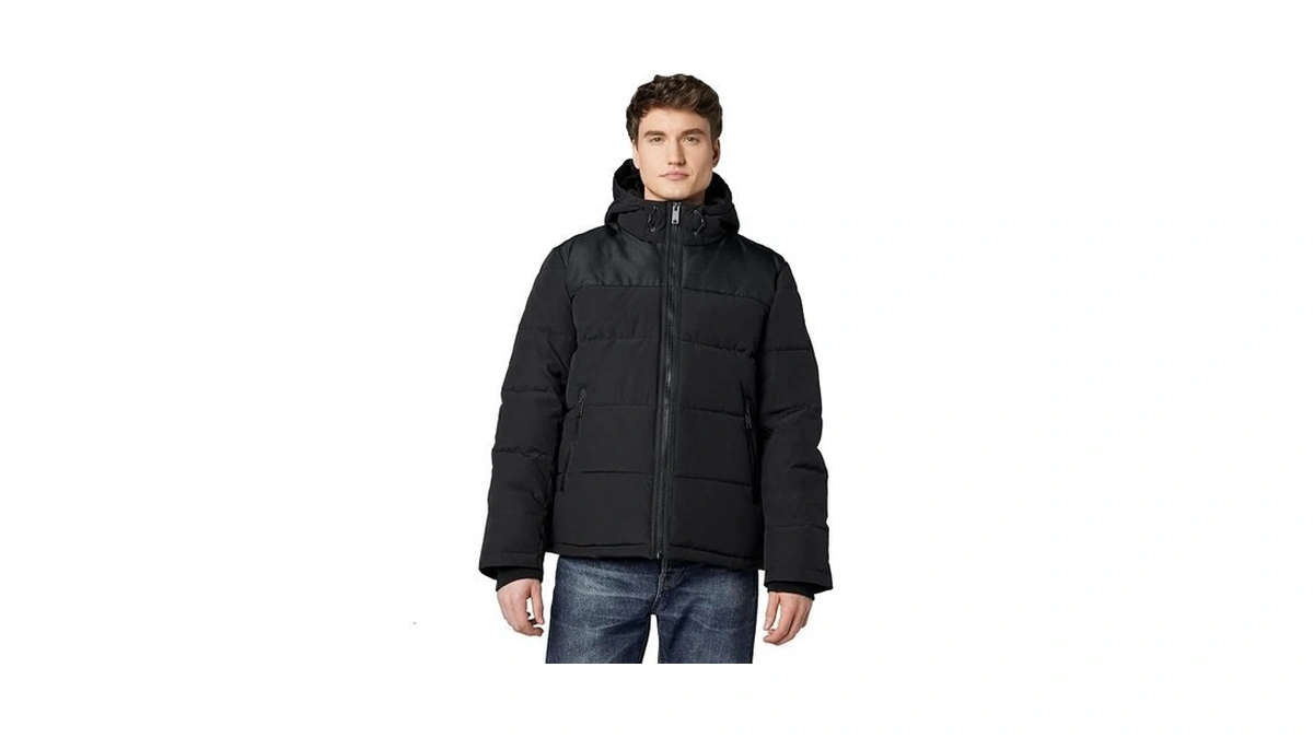 Dkny Men's Shawn Quilted Mixed Media Hooded Puffer Jacket, Black,