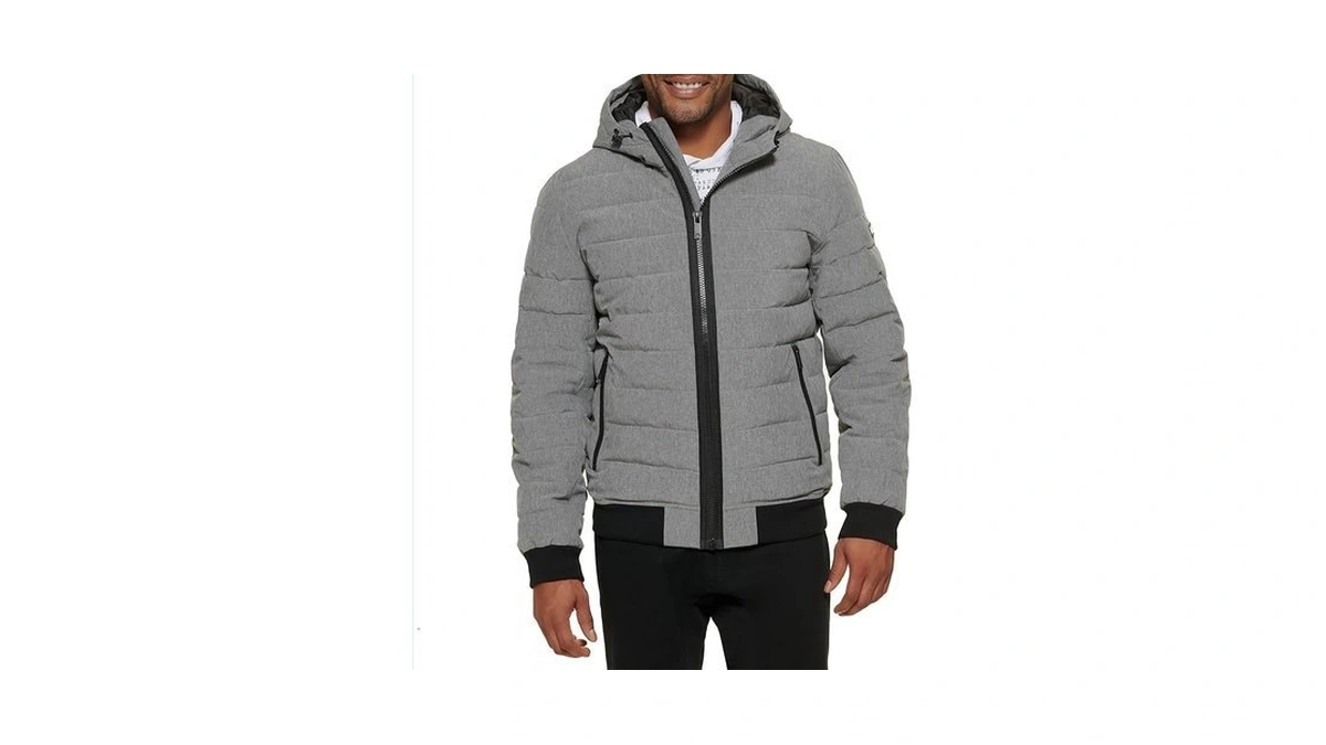 Dkny Men's Quilted Performance Hooded Bomber Jacket, Heather Grey Matte