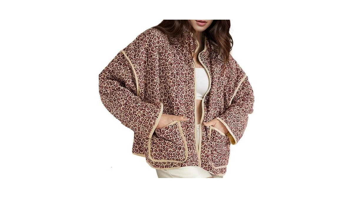 Wyeysyt Women's Cropped Quilted Jacket Floral Print Padded Puffer Jackets