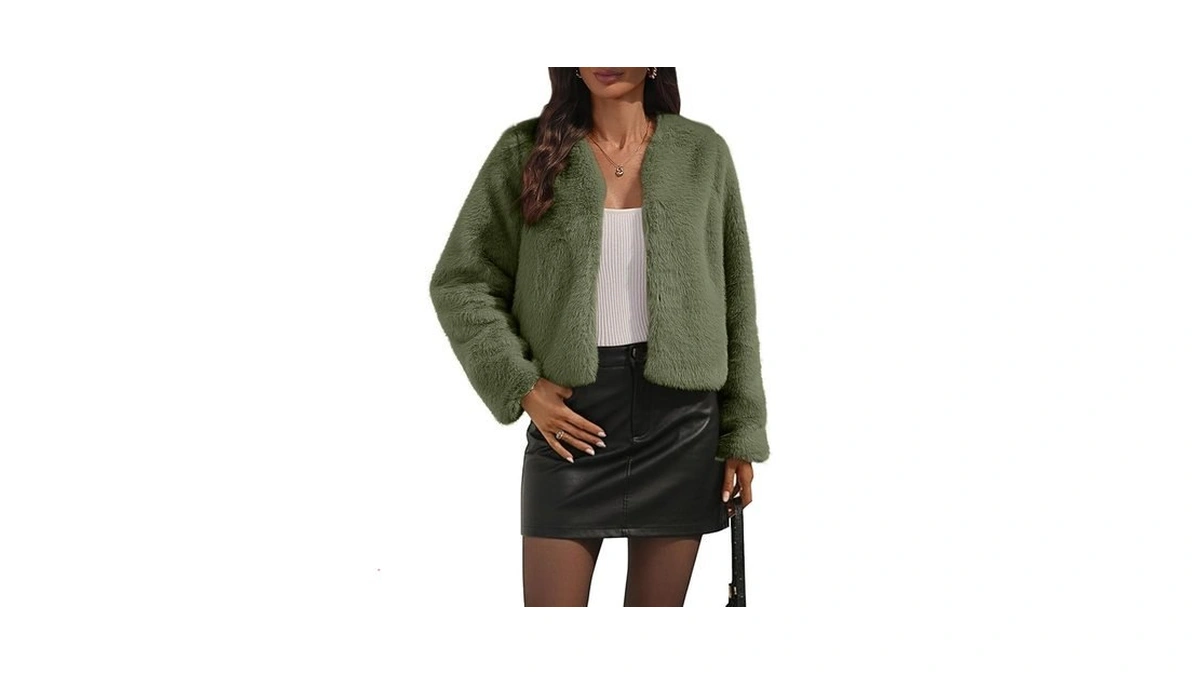 Amzangel Women's Faux Fur Cropped Jacket Crew Neck Long Sleeve