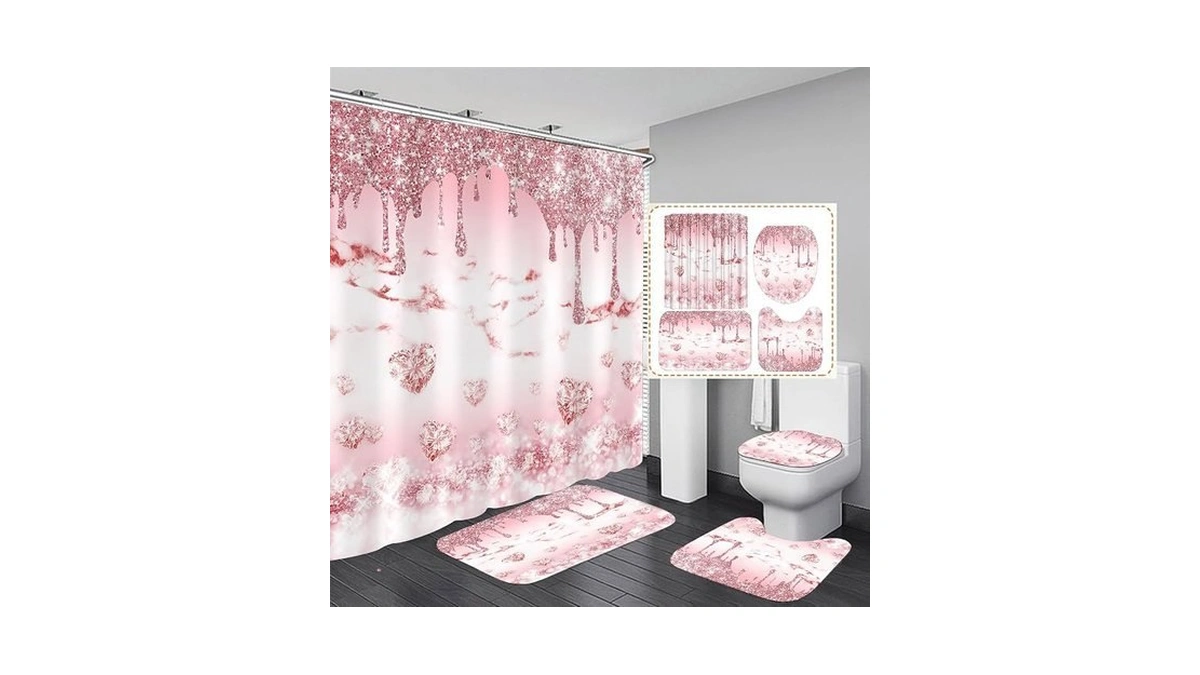 Azhm 4 Pcs Glitter Diamond Shower Curtain Sets Rose Gold