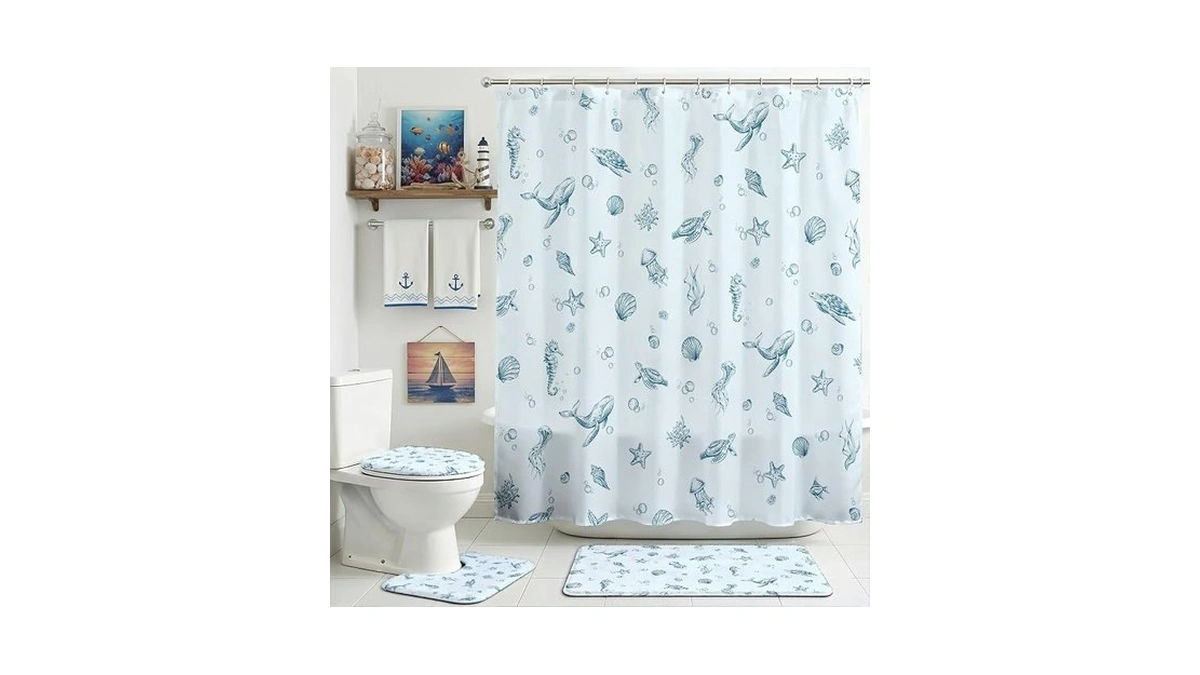 Mocsicka Ocean Shower Curtain Set Blue Underwater World Fish Sea