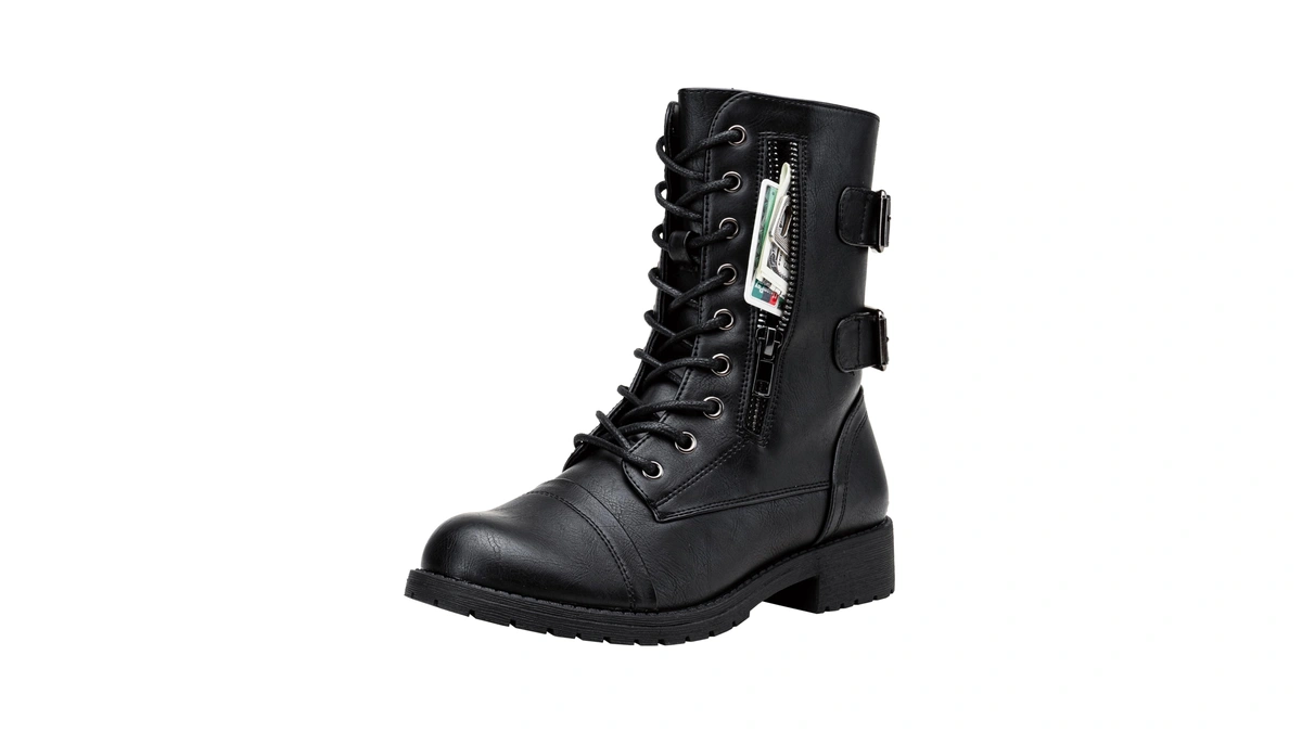 Vepose Women's Black Lace Up Combat Boots, Mid Calf Hiking