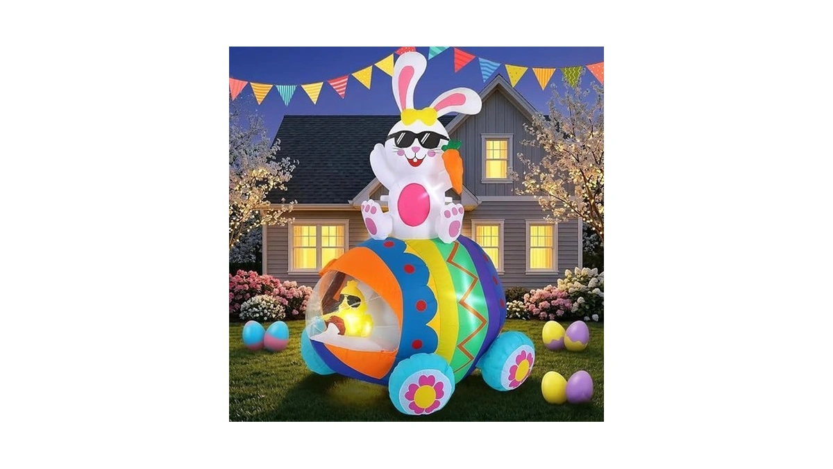 Elegear 5.9ft Easter Inflatable Bunny Driving Egg Car Outdoor Decoration,