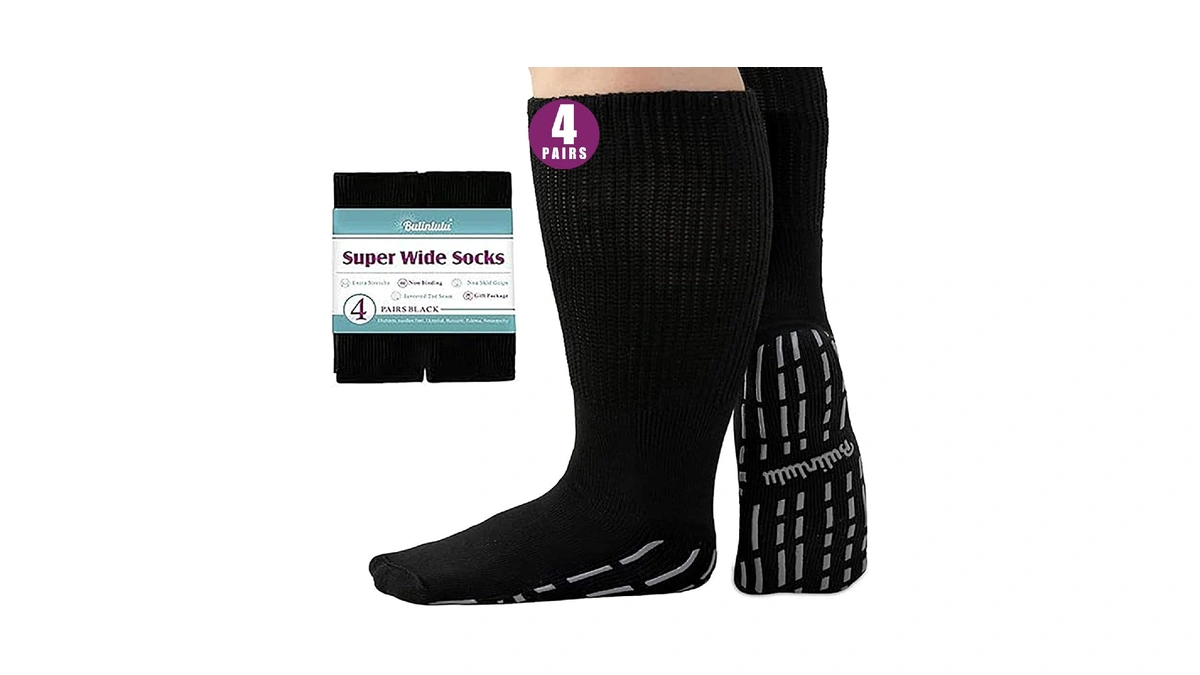Bulinlulu Extra Width Socks For Swollen Feet-4 Pairs Hospital Grip