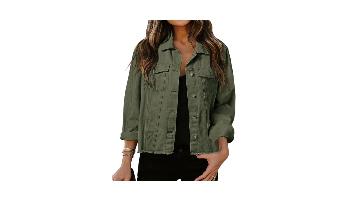 Longbida Women's Jean Jacket Frayed Washed Button Up Cropped Denim