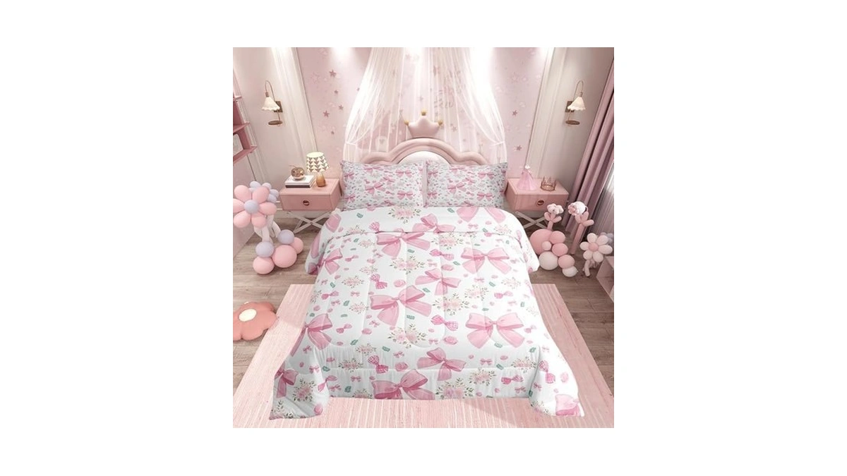 Feelyou Pink Bowknot Comforter Set Twin Size Girls Bow Bedding