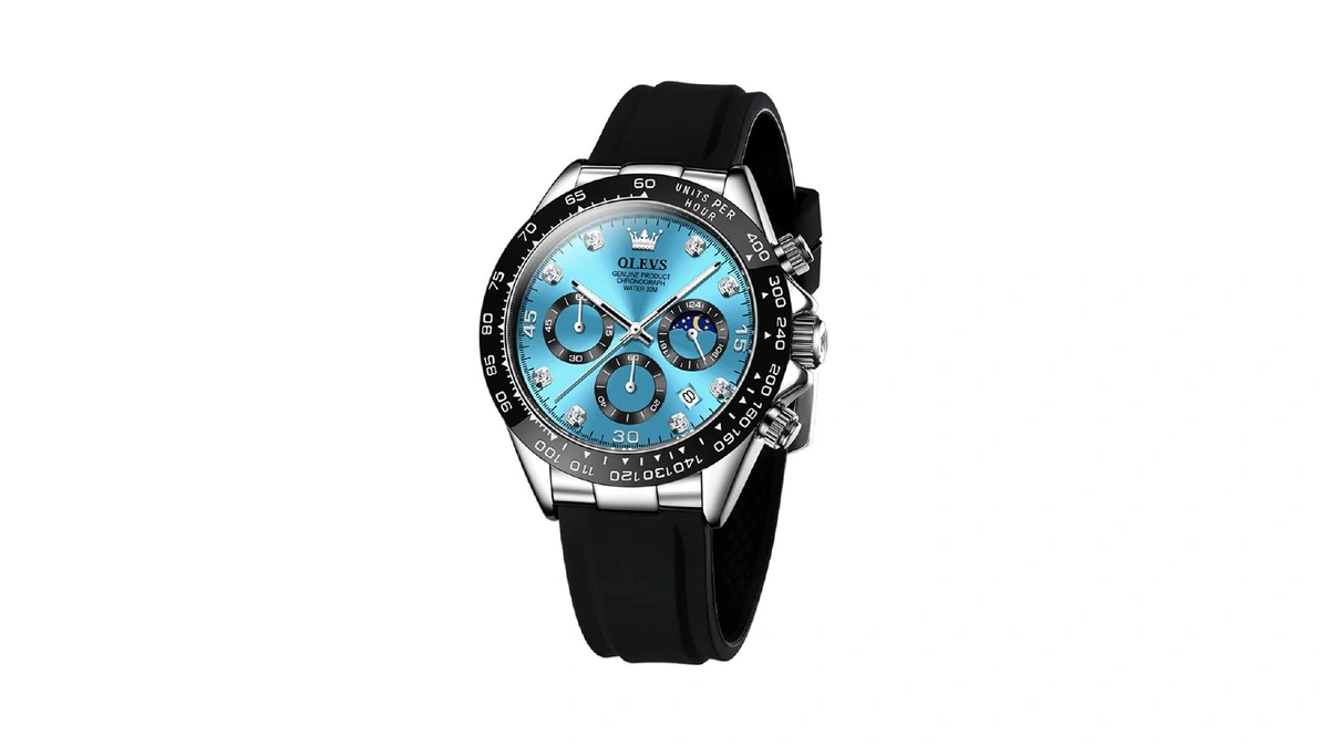 Olevs Men Blue Analog Quartz Waterproof Watches Multifunction Chronograph Diamond