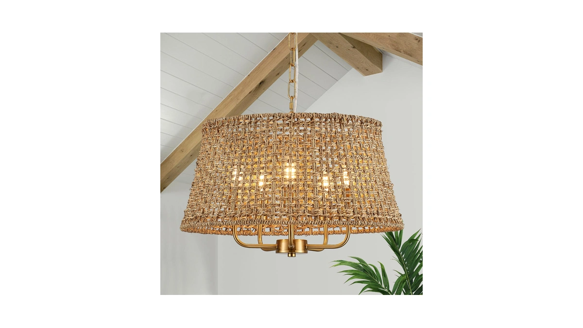 Yomecoo Hand-woven Rattan Chandelier Vintage Farmhouse Boho Bamboo Chandeliers Light