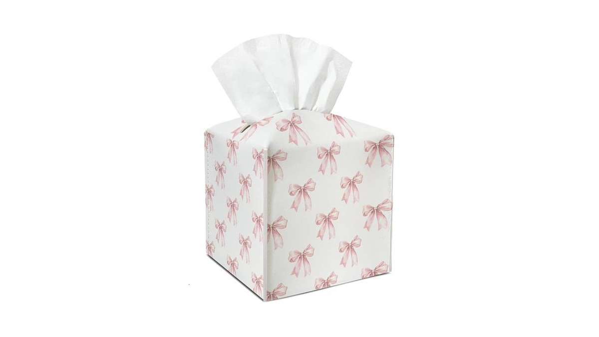 Pink Bows Leather Tissue Box Cover Square Vintage Tissue Holder