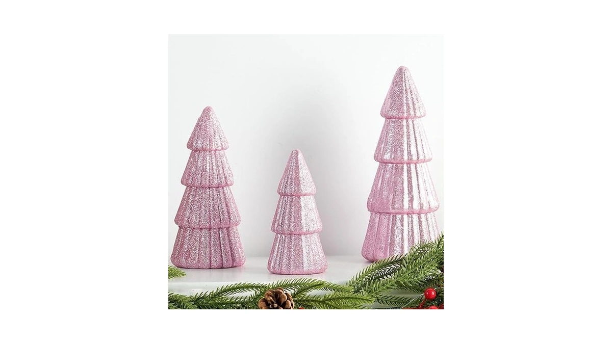 Fangoo 3pcs Glitter Pink Tabletop Christmas Tree Figurines Foam Christmas
