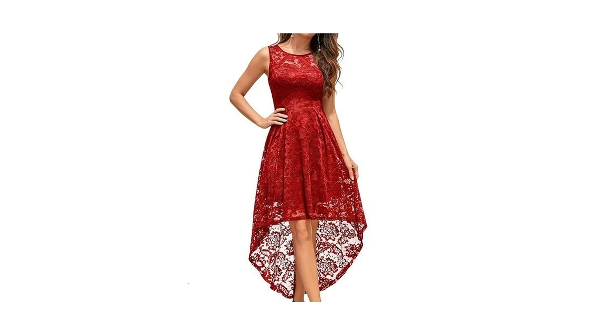 Muadress Vintage Wedding Guest Dress Tank Strap Floral Lace Hi-lo