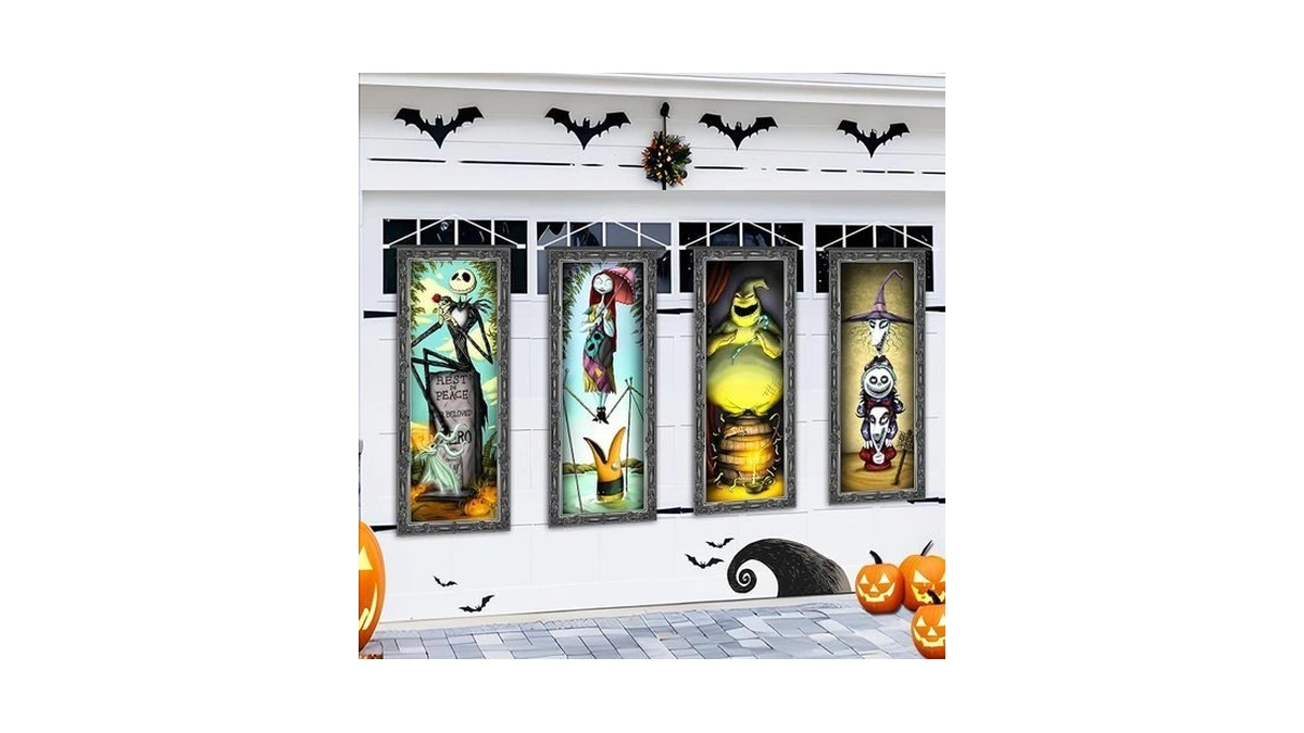 4 Packs Jack Sally Banners Porch Signs Halloween Decor Christmas