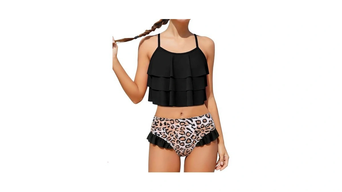 Redair Girls Bathing Suit Black Leopard Print Bikini Shorts Sets