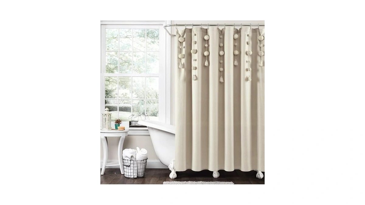 Lush Decor Boho Pom Pom Tassel Linen Textured Shower Curtain
