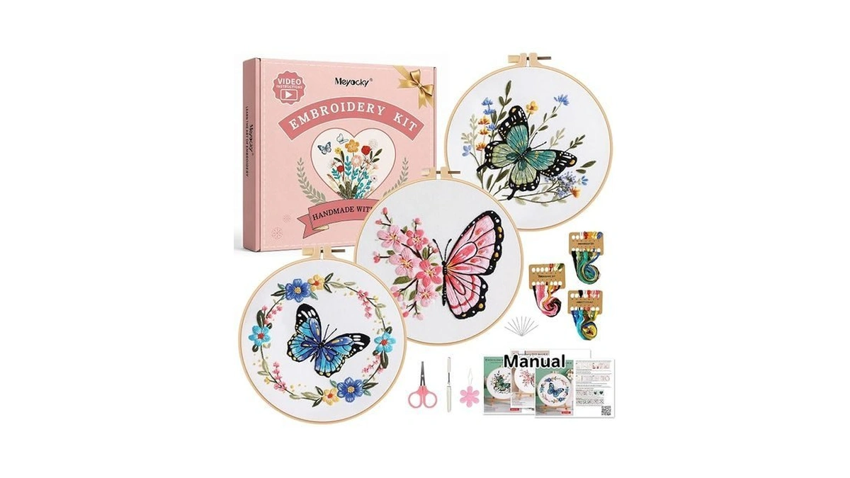 Meyocky Embroidery Kit For Beginners Adults, 3-piece Butterfly Needlepoint Kits