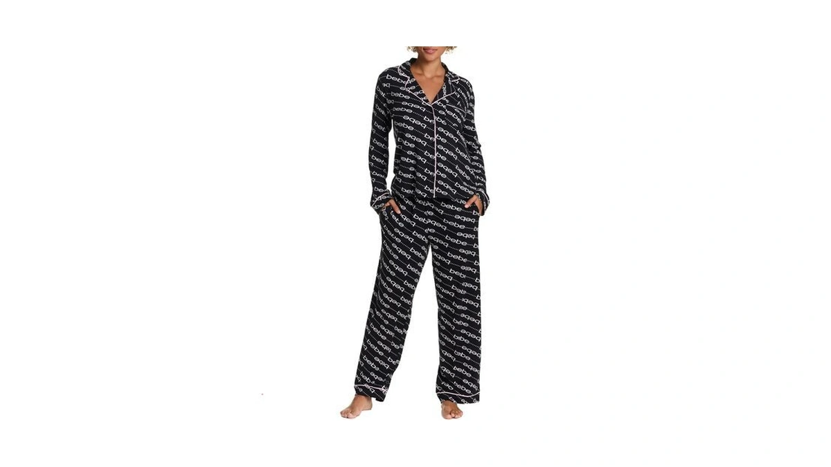 Bebe Black Button Down Pajamas For Women, Womens Long Sleeve