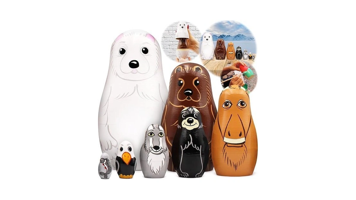 Matryoshka Dolls Northern Animals Alaska Set 7 Pcs Wooden Figurines