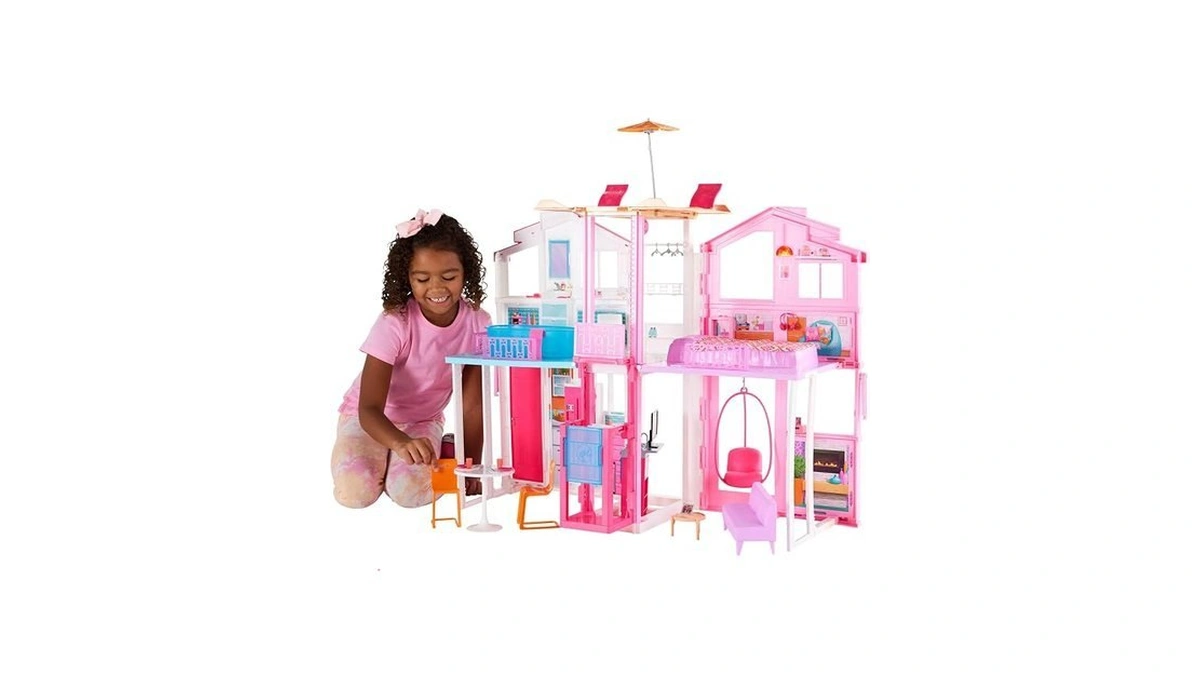 Barbie 3-story Townhouse Dollhouse With Elevator, Swing Chair, Furniture And